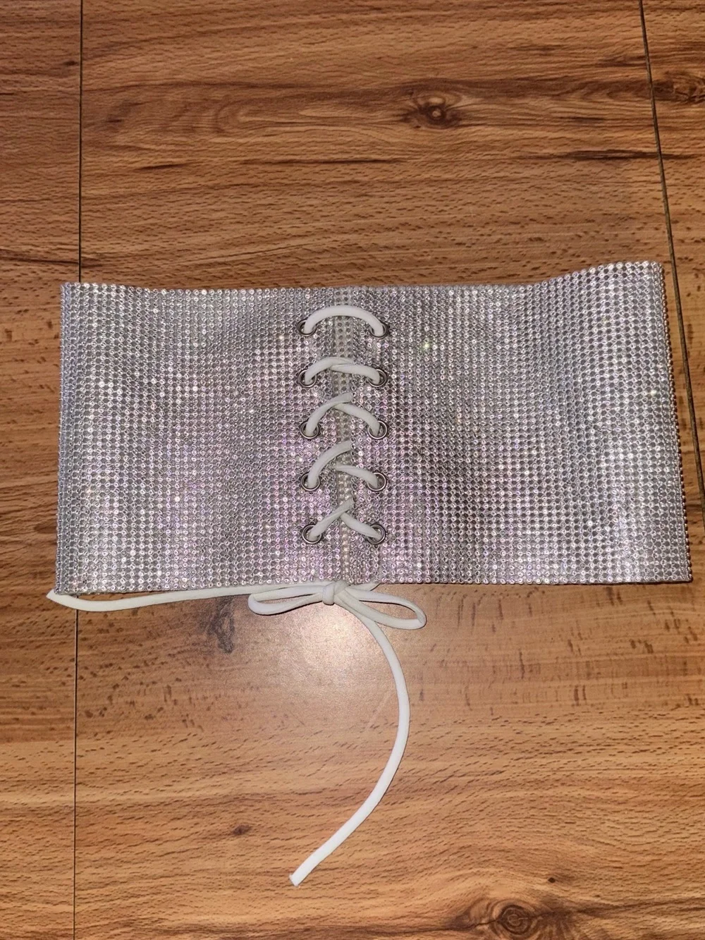 Silver Lace-Up Corset Belt with White Tie Lace